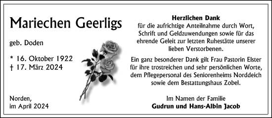Traueranzeige von Mariechen Geerligs von Ostfriesischer Kurier
