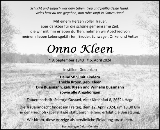 Traueranzeige von Onno Kleen von Ostfriesischer Kurier