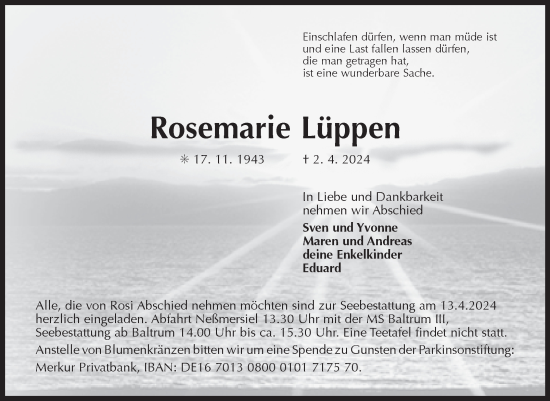Traueranzeige von Rosemarie Lüppen von Ostfriesischer Kurier