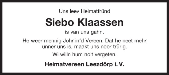 Traueranzeige von Siebo Klaassen von Ostfriesischer Kurier