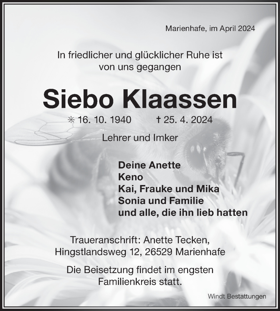  Traueranzeige für Siebo Klaassen vom 27.04.2024 aus Ostfriesischer Kurier