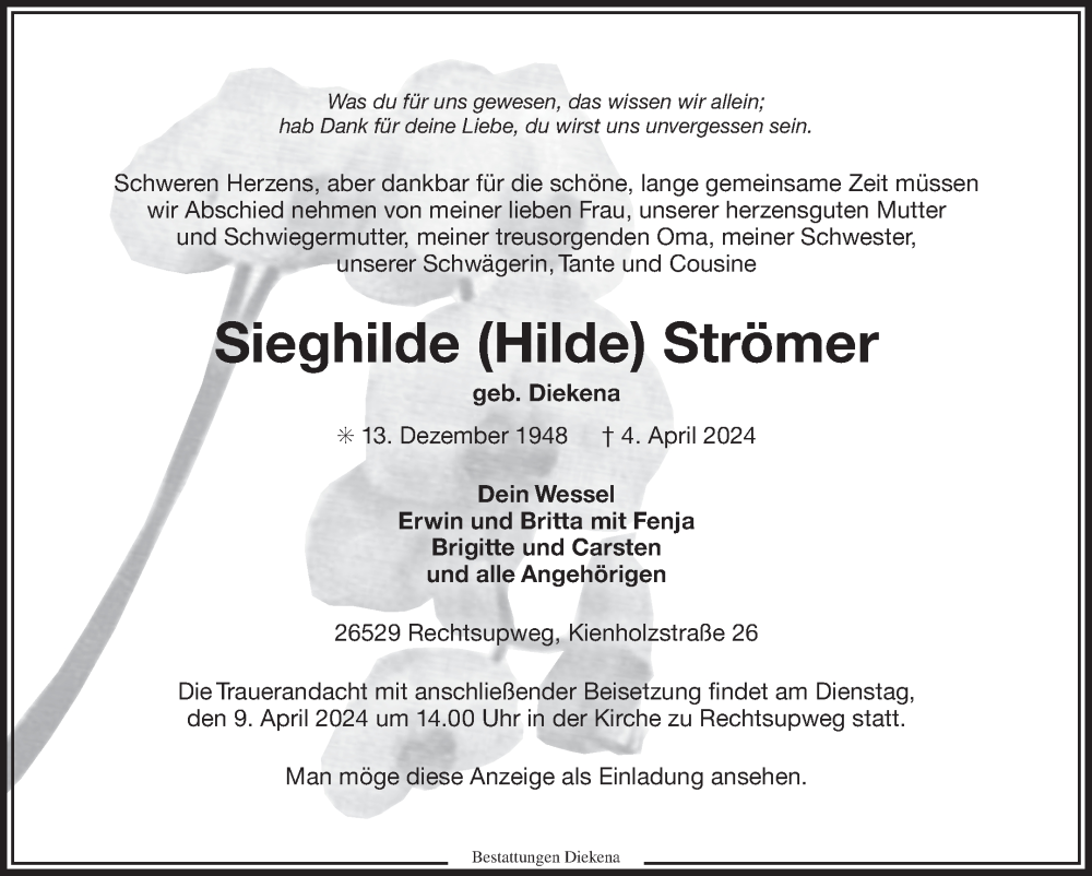  Traueranzeige für Sieghilde Strömer vom 06.04.2024 aus Ostfriesischer Kurier