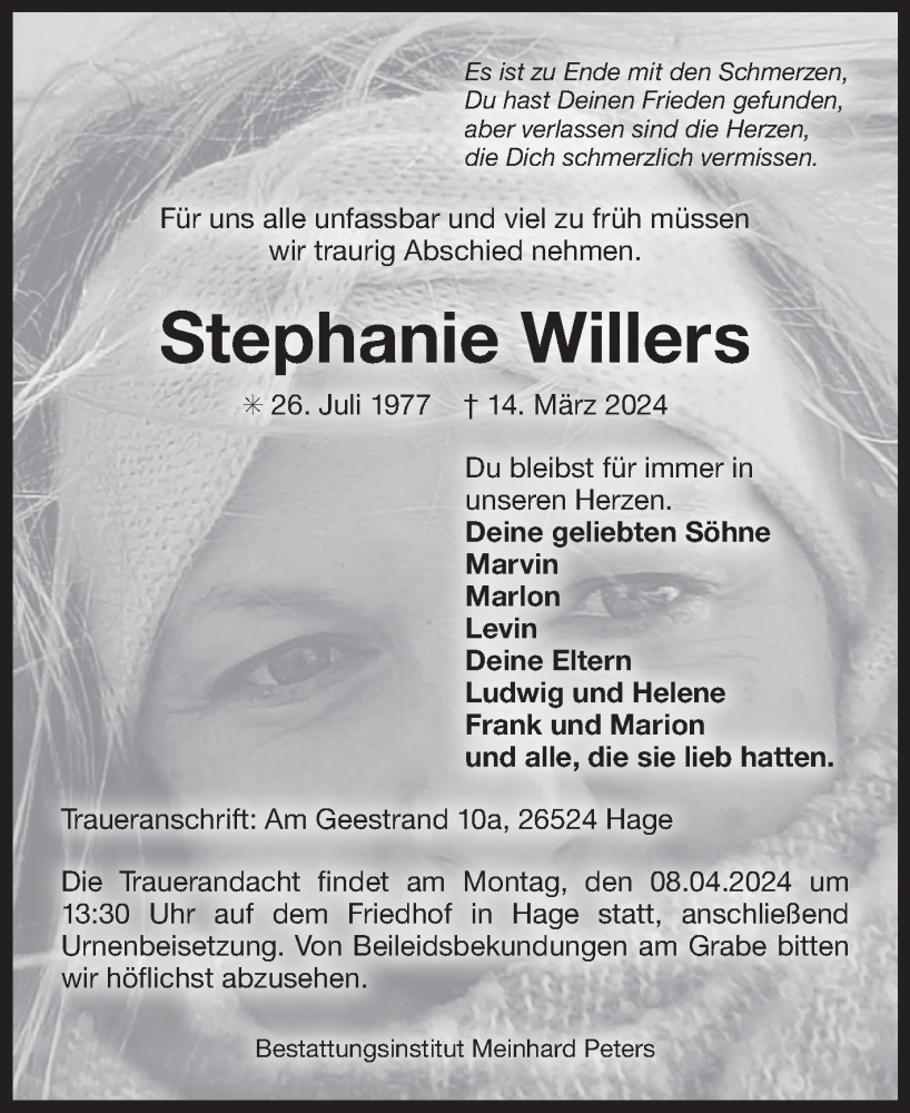  Traueranzeige für Stephanie Willers vom 03.04.2024 aus Ostfriesischer Kurier