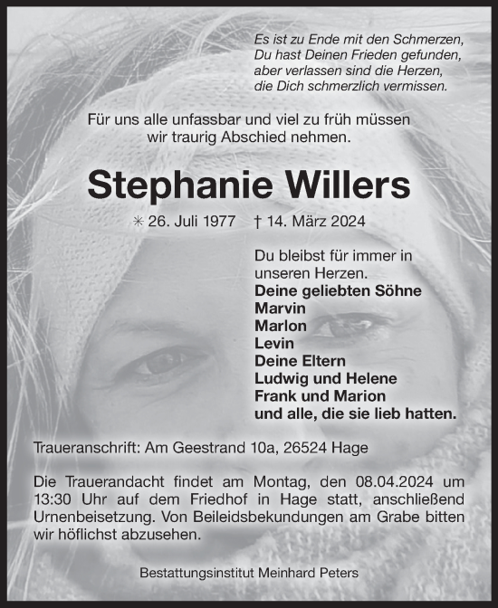 Traueranzeige von Stephanie Willers von Ostfriesischer Kurier