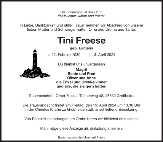 Traueranzeige von Tini Freese von Ostfriesischer Kurier