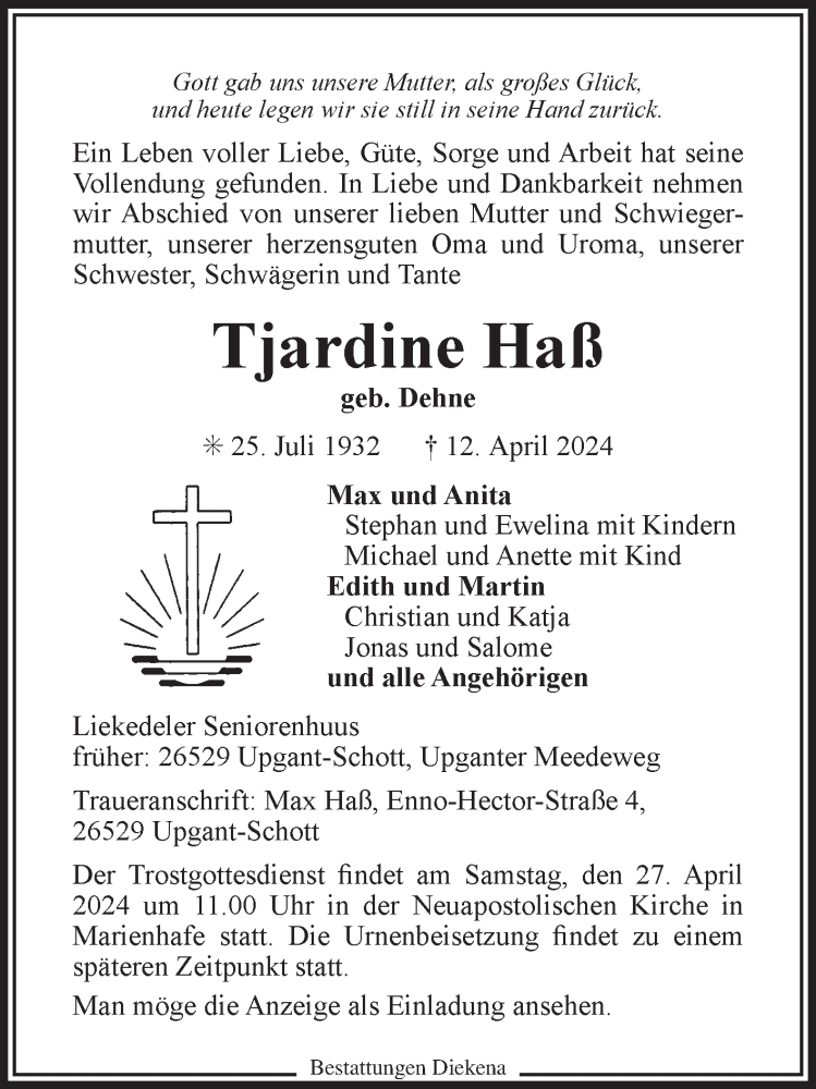  Traueranzeige für Tjardine Haß vom 16.04.2024 aus Ostfriesischer Kurier