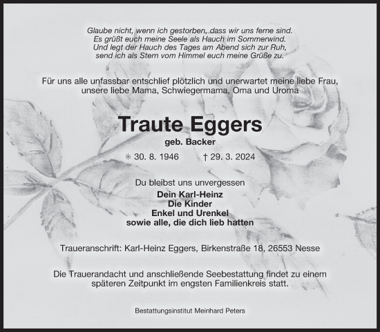 Traueranzeige von Traute Eggers von Ostfriesischer Kurier