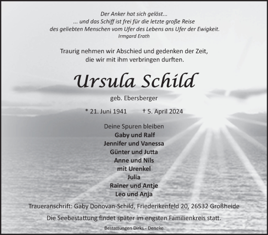 Traueranzeige von Ursula Schild von Ostfriesischer Kurier