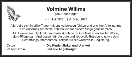 Traueranzeige von Volmine Willms von Ostfriesischer Kurier