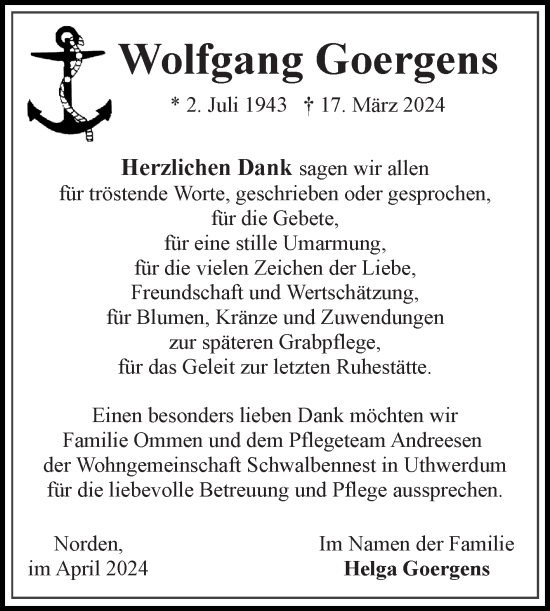 Traueranzeige von Wolfgang Goergens von Ostfriesischer Kurier