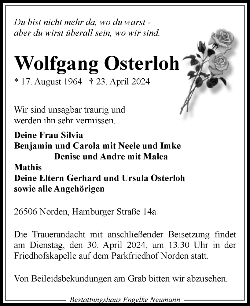  Traueranzeige für Wolfgang Osterloh vom 27.04.2024 aus Ostfriesischer Kurier
