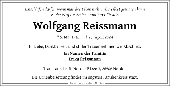 Traueranzeige von Wolfgang Reissmann von Ostfriesischer Kurier