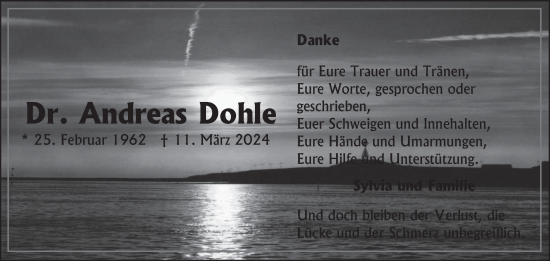 Traueranzeige von Andreas Dohle von Ostfriesischer Kurier