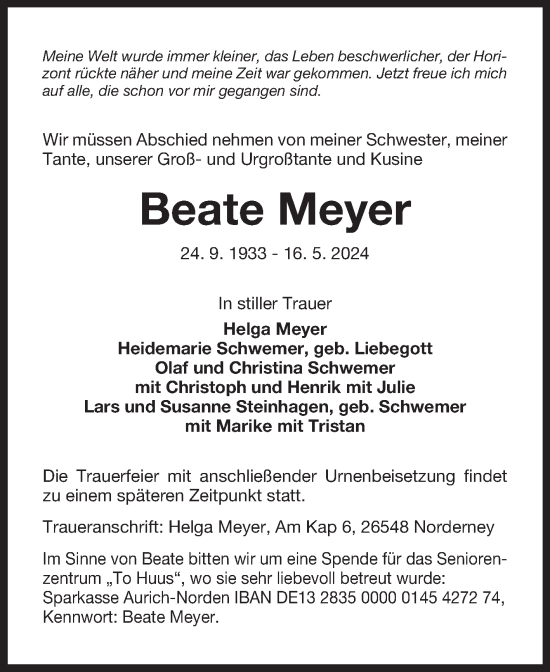 Traueranzeige von Beate Meyer von Ostfriesischer Kurier