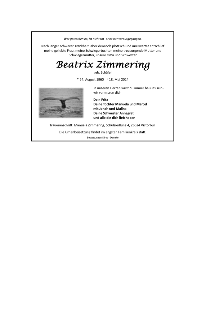  Traueranzeige für Beatrix Zimmering vom 21.05.2024 aus Ostfriesischer Kurier