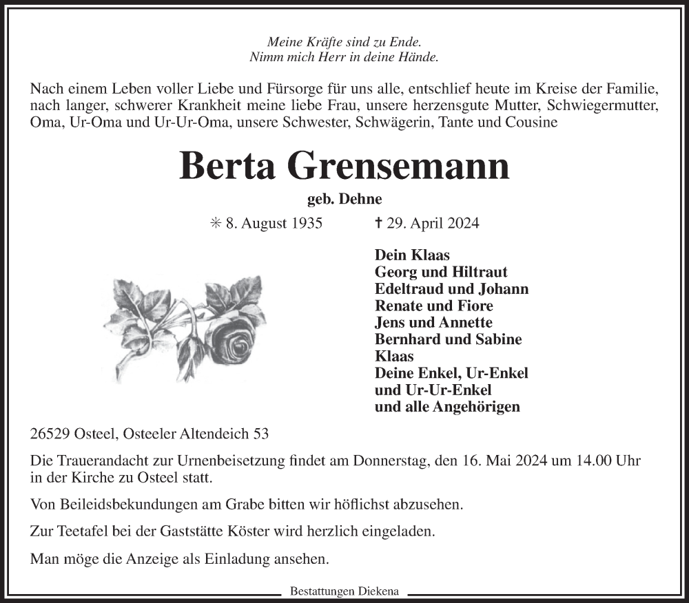  Traueranzeige für Berta Grensemann vom 03.05.2024 aus Ostfriesischer Kurier