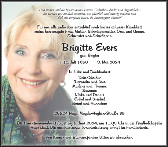 Traueranzeige von Brigitte Evers von Ostfriesischer Kurier