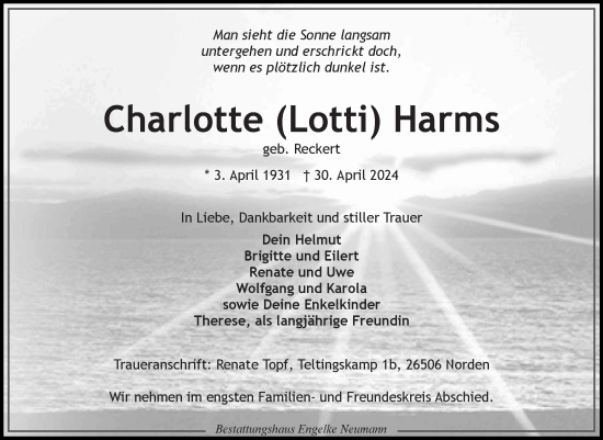 Traueranzeige von Charlotte  Harms von Ostfriesischer Kurier