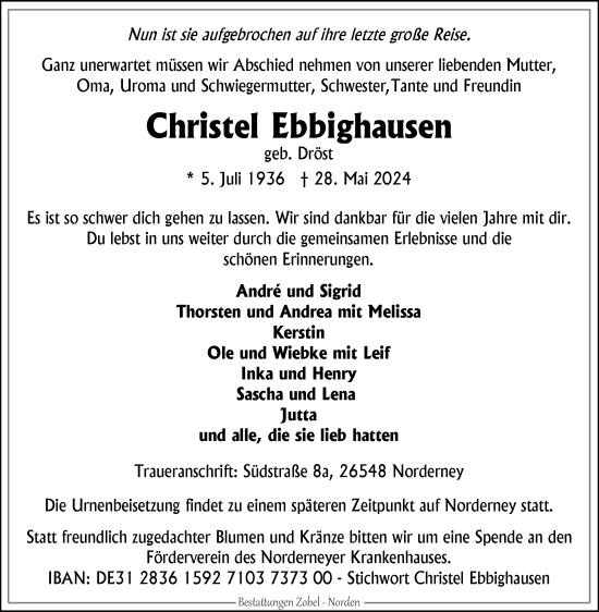 Traueranzeige von Christel Ebbighausen von Ostfriesischer Kurier