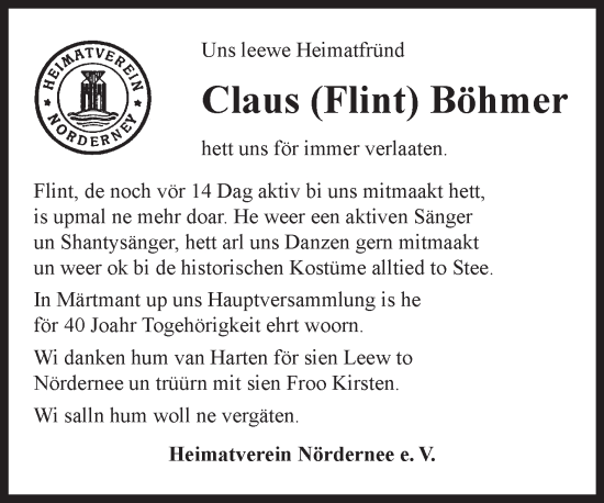 Traueranzeige von Claus Böhmer von Ostfriesischer Kurier