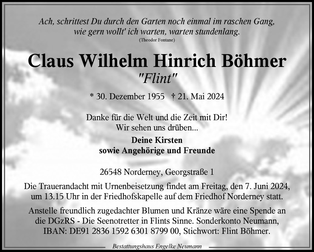  Traueranzeige für Claus Wilhelm Hinrich Böhmer vom 25.05.2024 aus Ostfriesischer Kurier