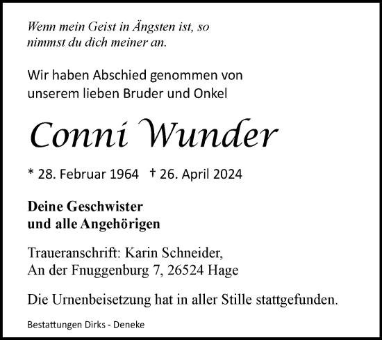 Traueranzeige von Conni Wunder von Ostfriesischer Kurier