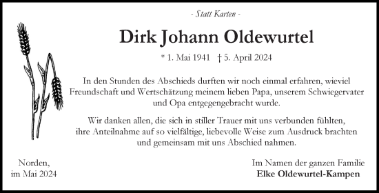 Traueranzeige von Dirk Johann Oldewurtel von Ostfriesischer Kurier