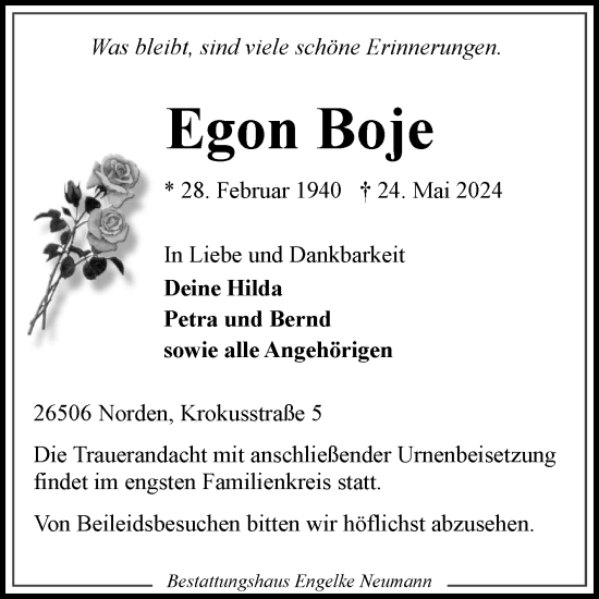 Traueranzeige von Egon Boje von Ostfriesischer Kurier