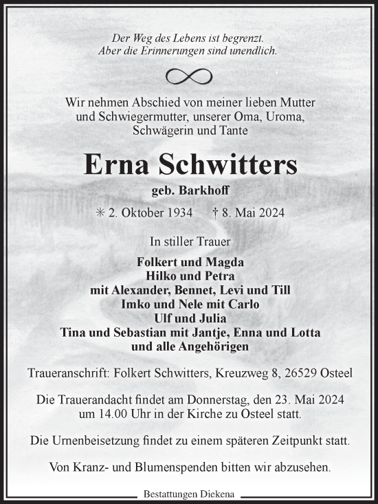 Traueranzeige von Erna Schwitters von Ostfriesischer Kurier