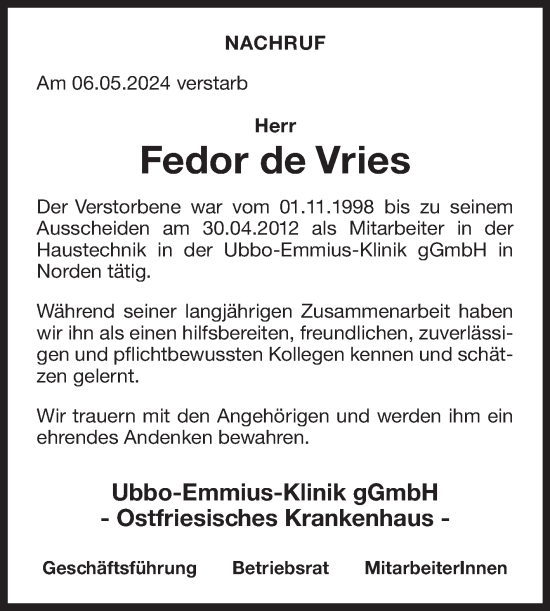 Traueranzeige von Fedor de Vries von Ostfriesischer Kurier