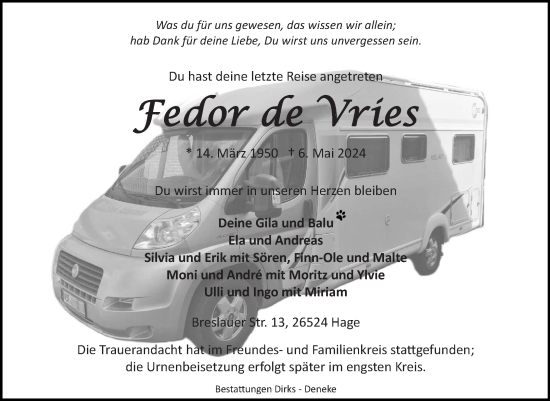 Traueranzeige von Fedor de Vries von Ostfriesischer Kurier