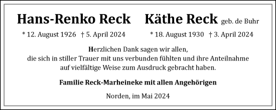 Traueranzeige von FHans-Renko und Käthe Reck von Ostfriesischer Kurier