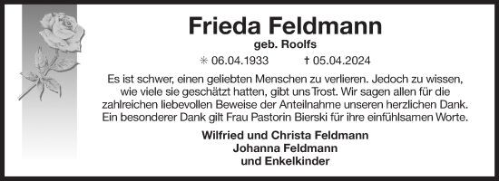Traueranzeige von Frieda Feldmann von Ostfriesischer Kurier