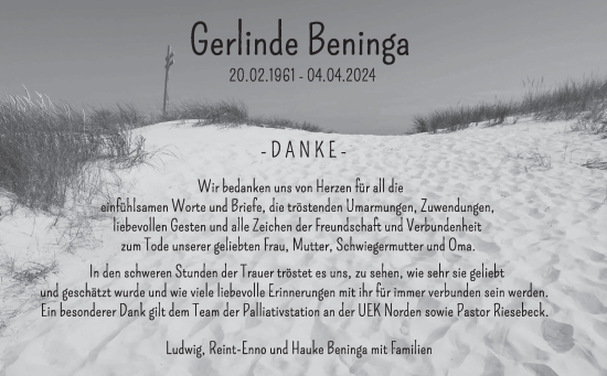Traueranzeige von Gerlinde Beninga von Ostfriesischer Kurier