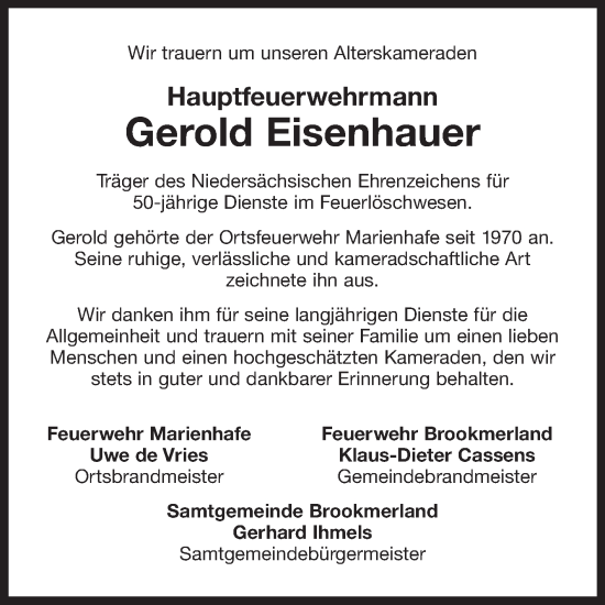Traueranzeige von Gerold Eisenhauer von Ostfriesischer Kurier