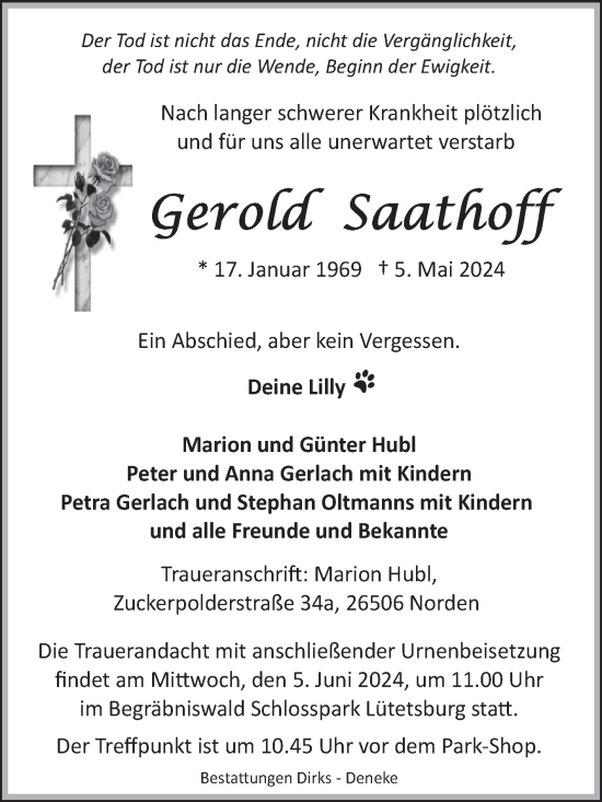 Traueranzeige von Gerold Saathoff von Ostfriesischer Kurier