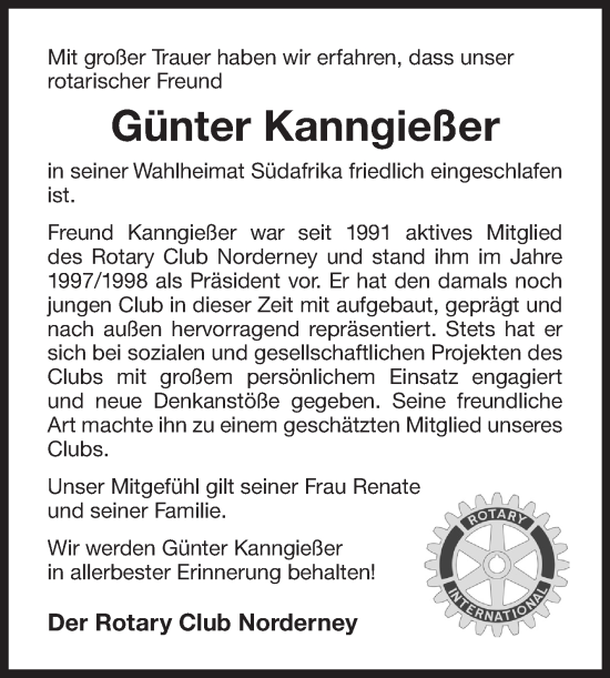 Traueranzeige von Günter Kanngießer von Ostfriesischer Kurier