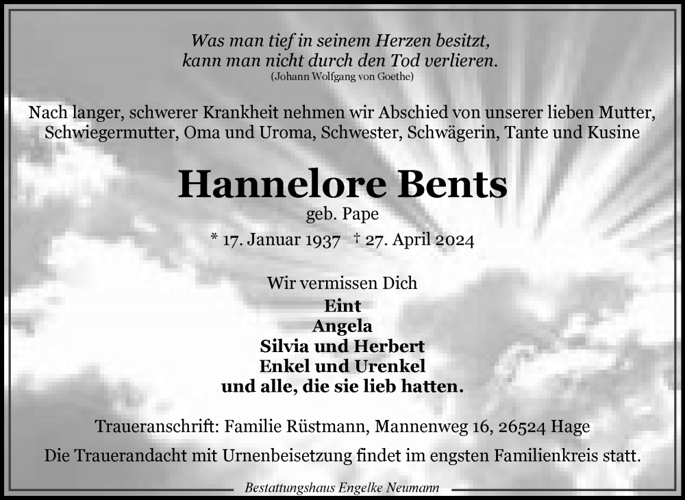  Traueranzeige für Hannelore Bents vom 04.05.2024 aus Ostfriesischer Kurier