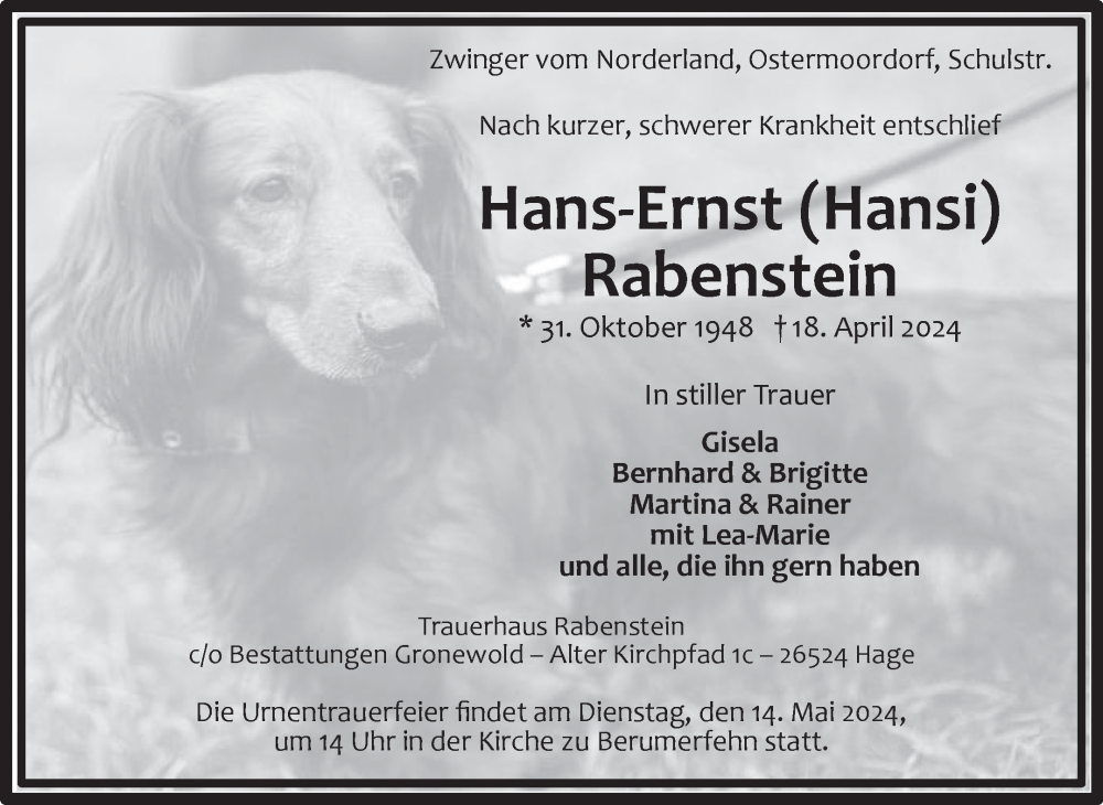  Traueranzeige für Hans-Ernst Rabenstein vom 08.05.2024 aus Ostfriesischer Kurier