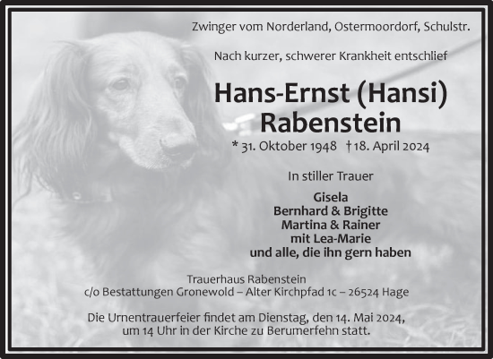 Traueranzeige von Hans-Ernst Rabenstein von Ostfriesischer Kurier