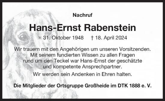 Traueranzeige von Hans-Ernst Rabenstein von Ostfriesischer Kurier