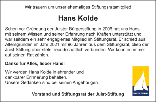 Traueranzeige von Hans Kolde von Ostfriesischer Kurier