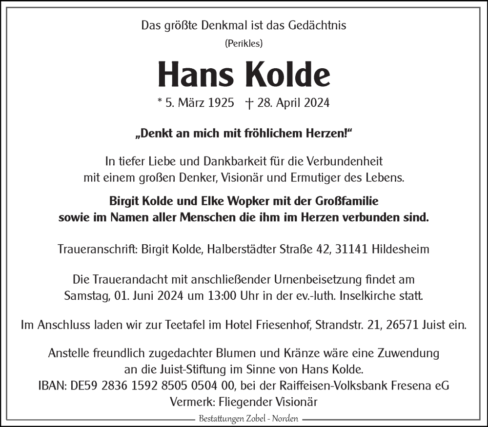  Traueranzeige für Hans Kolde vom 04.05.2024 aus Ostfriesischer Kurier