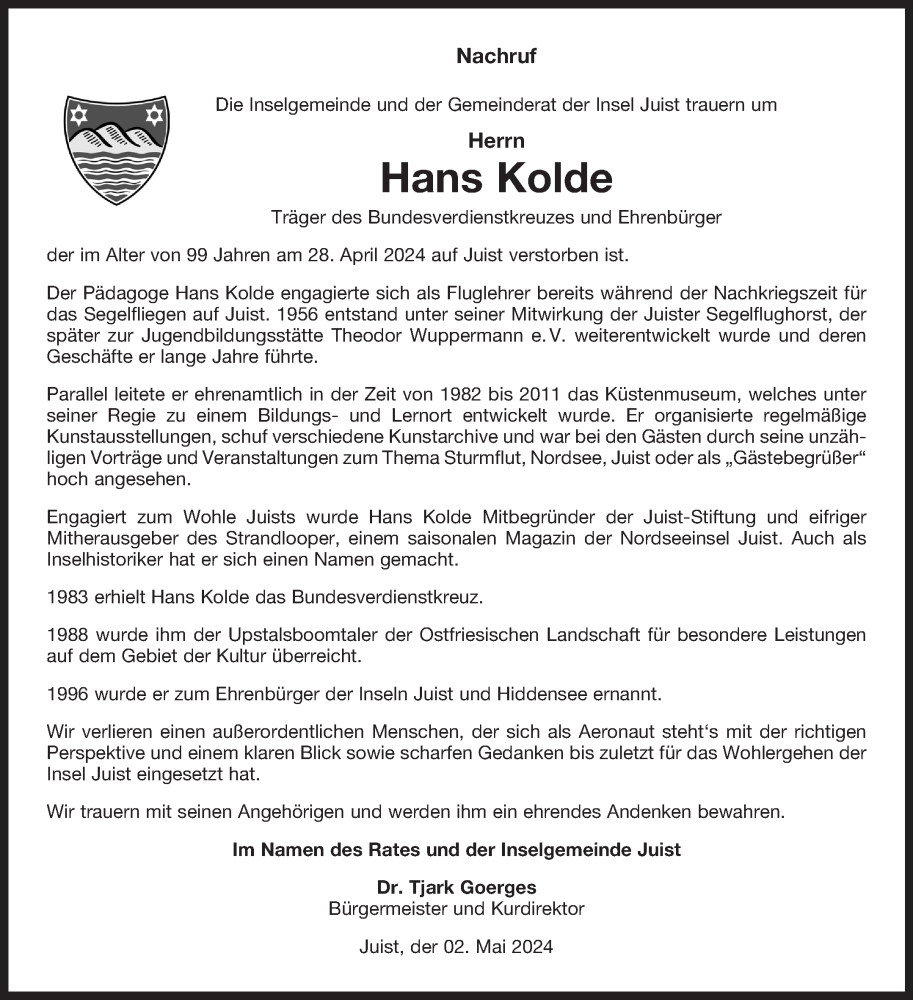  Traueranzeige für Hans Kolde vom 04.05.2024 aus Ostfriesischer Kurier