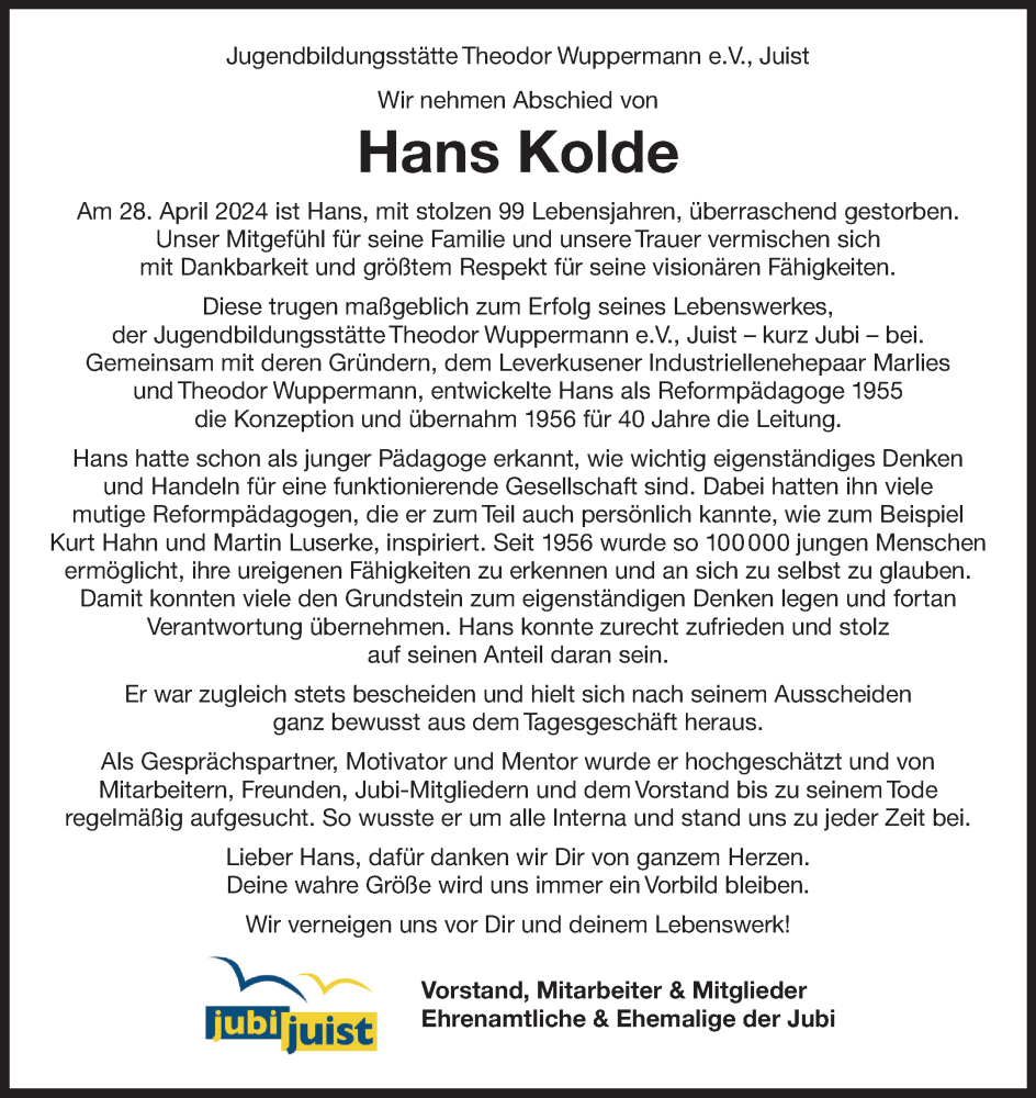  Traueranzeige für Hans Kolde vom 11.05.2024 aus Ostfriesischer Kurier