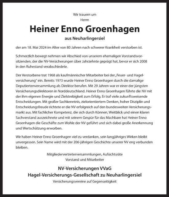 Traueranzeige von Heiner Enno Groenhagen von Ostfriesischer Kurier