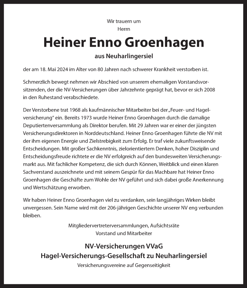  Traueranzeige für Heiner Enno Groenhagen vom 23.05.2024 aus Ostfriesischer Kurier