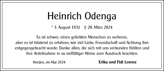 Traueranzeige von Heinrich Odenga von Ostfriesischer Kurier