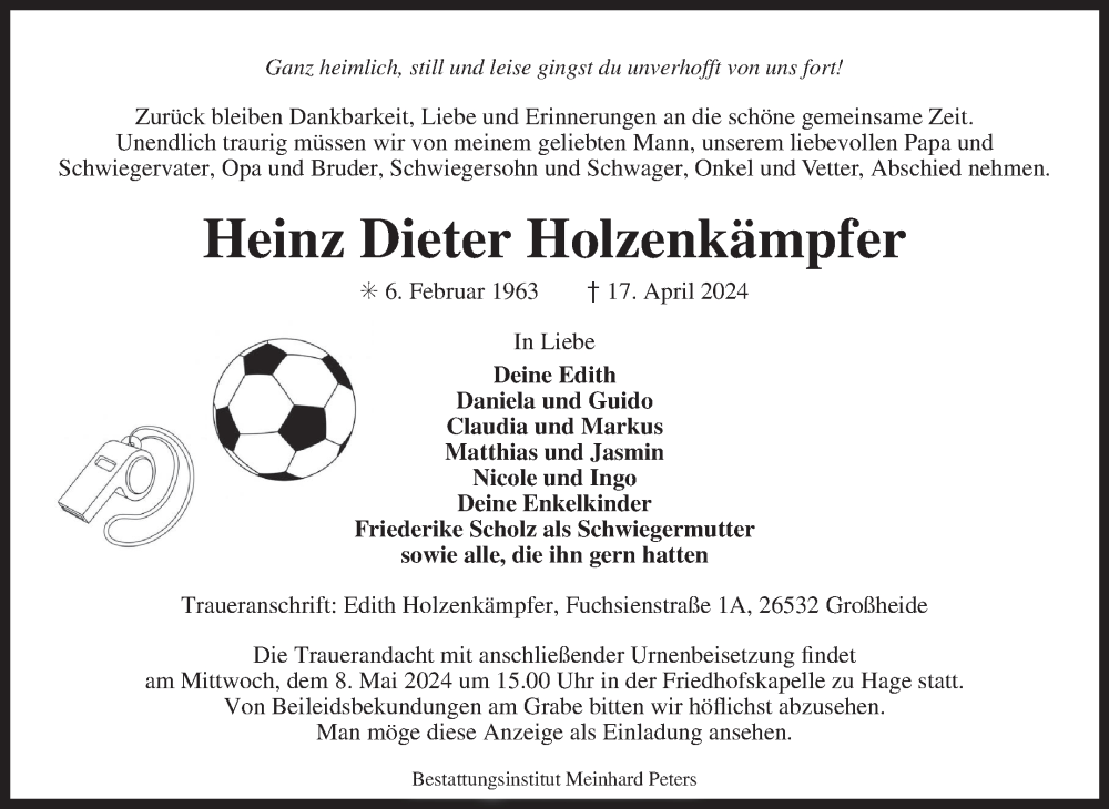  Traueranzeige für Heinz Dieter Holzenkämpfer vom 04.05.2024 aus Ostfriesischer Kurier