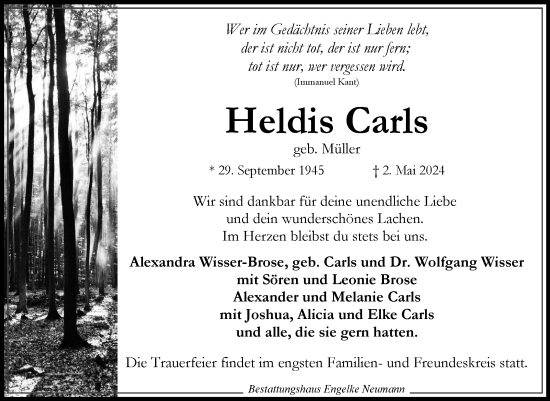 Traueranzeige von Heldis Carls von Ostfriesischer Kurier